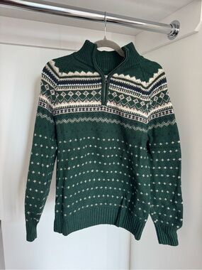 Vintage J. Crew Dark Green Fair Isle Half-Zip Sweater